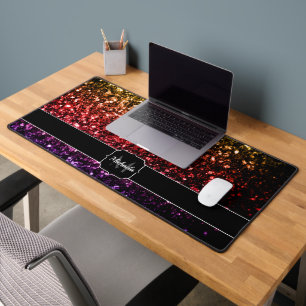Rainbow red purple faux glitter sparkles Monogram Desk Mat