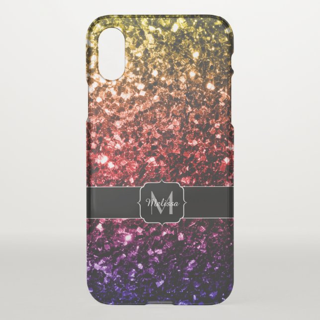 Rainbow red purple sparkles Monogram Uncommon Uncommon iPhone Case (Back)