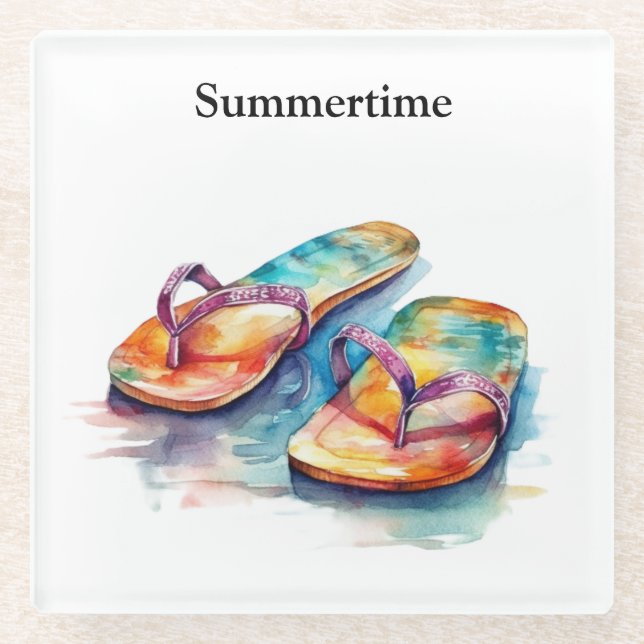 Rainbow Reef Flip Flops, custom Glass Coaster (Front)