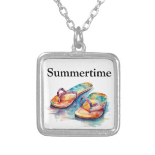 Rainbow Reef Flip Flops, custom Silver Plated Necklace