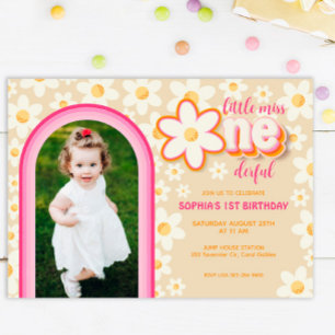 Rainbow Retro Daisy 1st Birthday Photo Invitation 