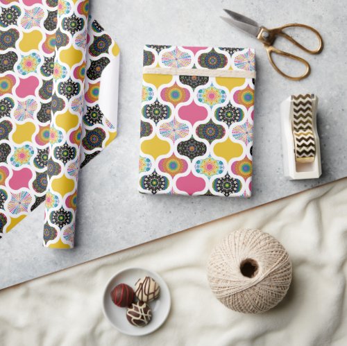 Rainbow Retro Dot Mandala Patchwork Ogee Pattern Wrapping Paper