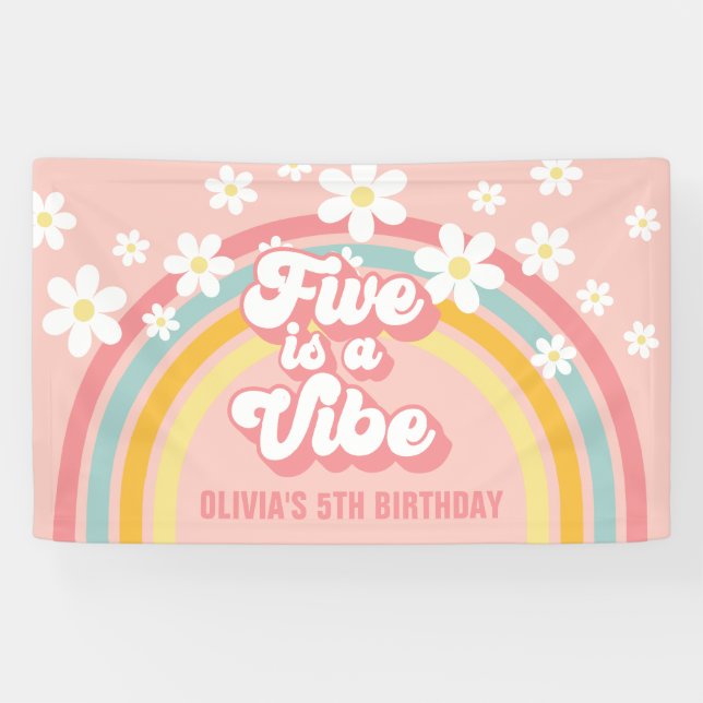 Rainbow Retro Five is a Vibe Groovy 5th Birthday Banner (Horizontal)