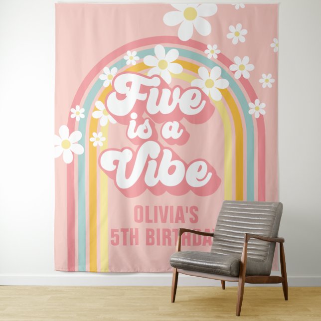 Rainbow Retro Five is a Vibe Groovy 5th Birthday Tapestry (In Situ)