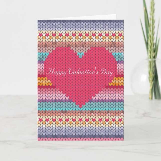 Rainbow retro hearts faux woolen knit valentine holiday card (Front)
