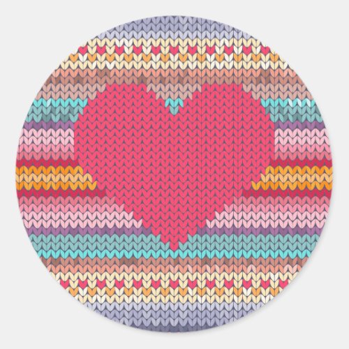 Rainbow retro hearts faux woollen knit valentine classic round sticker