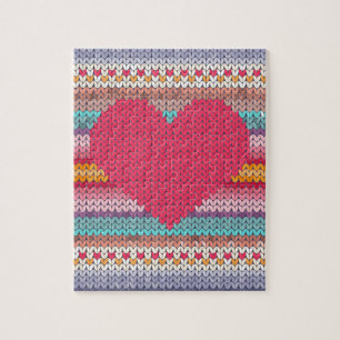 Rainbow retro hearts faux woollen knit valentine jigsaw puzzle