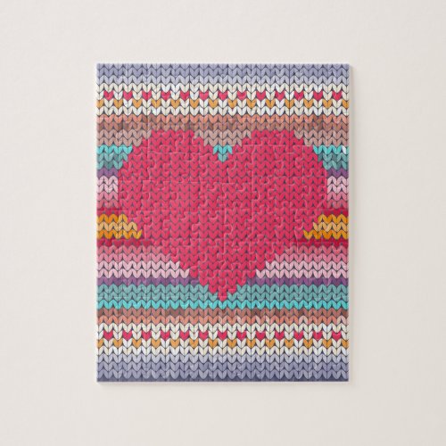 Rainbow retro hearts faux woollen knit valentine jigsaw puzzle