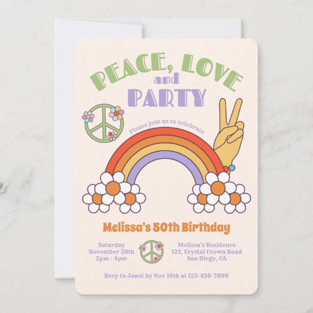 Rainbow Retro Hippie Peace & Love Birthday Invitation (Front)