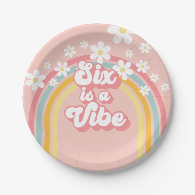 Rainbow Retro Six is a Vibe Groovy 6th Birthday P Paper Plates (Front)