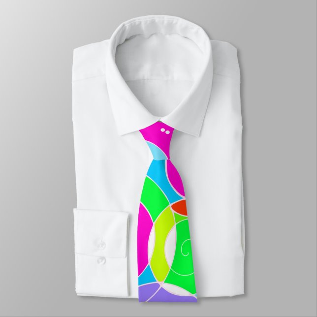 Rainbow Retro Spiral Art Abstraction Pink Neck Tie (Tied)