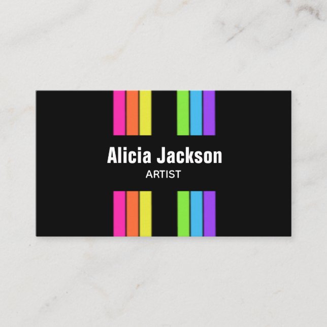 Rainbow Retro Stripes Bright Vertical Black Business Card (Front)