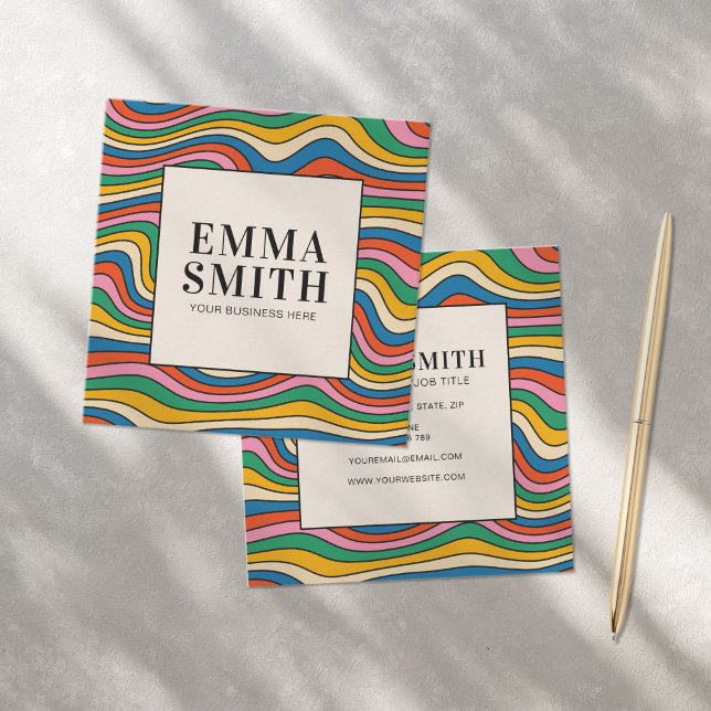 Rainbow Retro Stripes Square Business Card (Creator Uploaded)