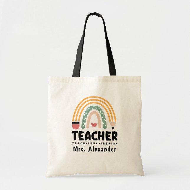 Rainbow Retro Teacher Life Custom Tote Bag (Front)