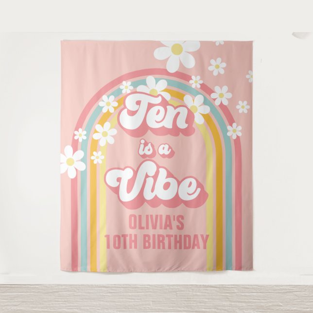 Rainbow Retro Ten is a Vibe Groovy 10th Birthday Tapestry (Front)