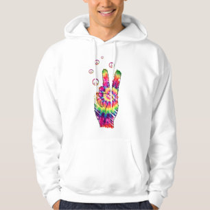 Rainbow Retro Tie Dye Psychedelic Peace Sign Hand Hoodie