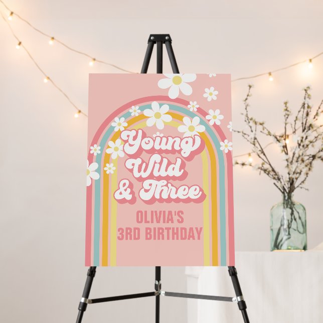 Rainbow Retro Young Wild Three 3rd Birthday Foam Board (In Situ (Stand))