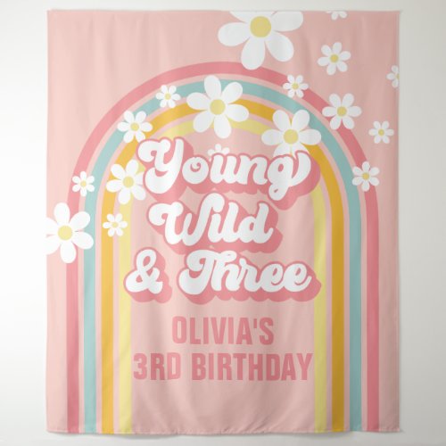 Rainbow Retro Young Wild Three 3rd Birthday Tapestry