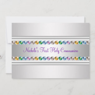 Rainbow Rhinestones Purple White Girl First Commun Invitation