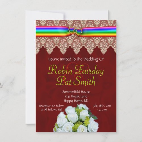 Rainbow Ribbon Double Hearts Wedding Invitation 13