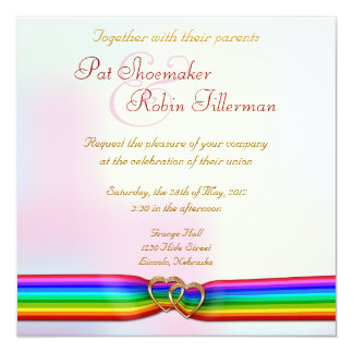 Rainbow Ribbon Double Hearts Wedding Invitation 2