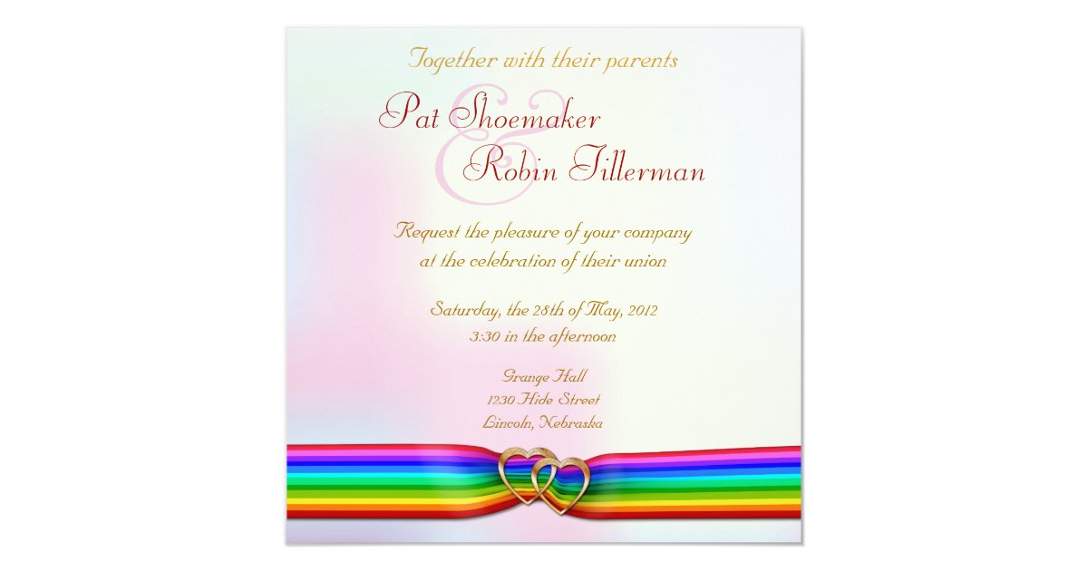 Rainbow Ribbon Double Hearts Wedding Invitation 2 5853