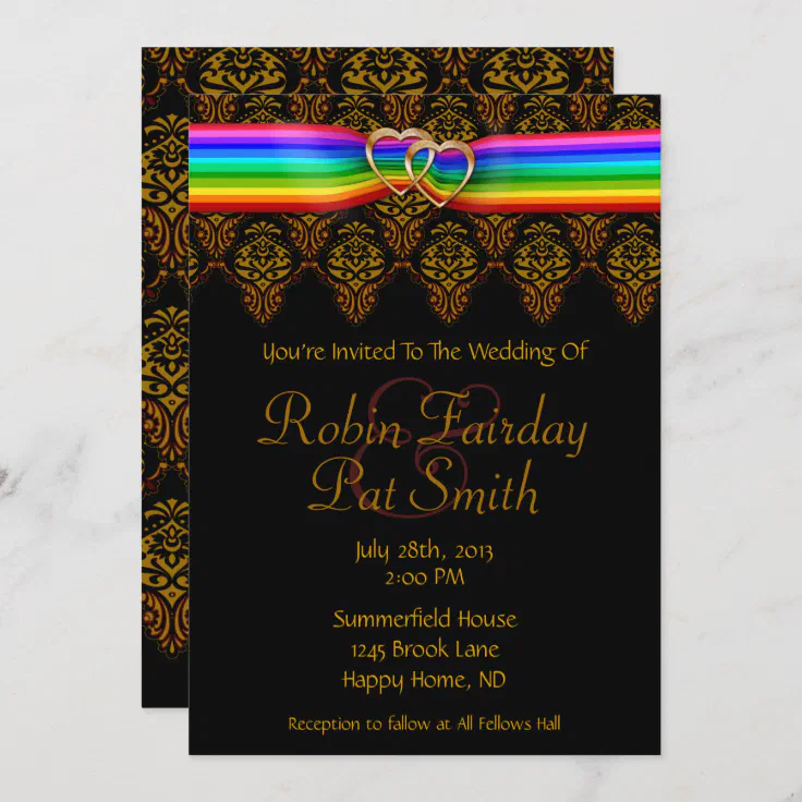 Rainbow Ribbon Double Hearts Wedding Invitation 3b Zazzle 1472