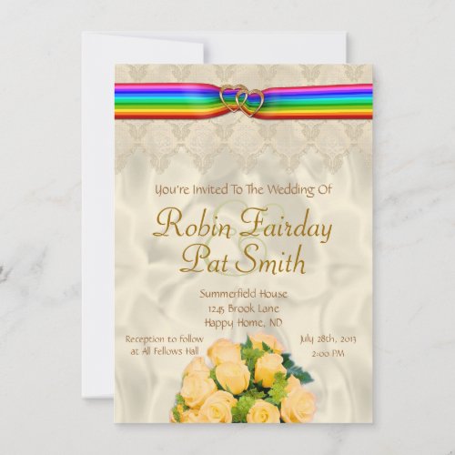 Rainbow Ribbon Double Hearts Wedding Invite 12C