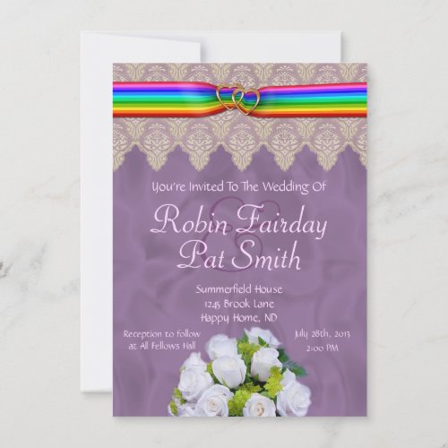 Rainbow Ribbon Double Hearts Wedding Invite 15B