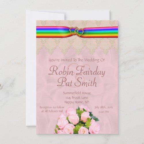 Rainbow Ribbon Double Hearts Wedding Invite 15C