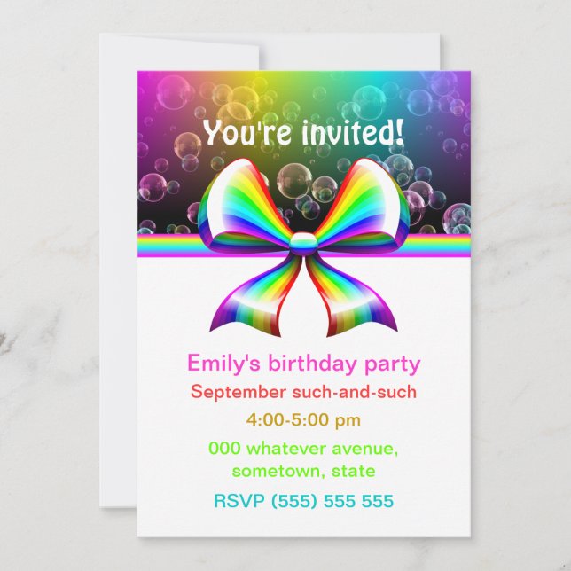 Rainbow ribbon party invitations (customizable!) (Front)
