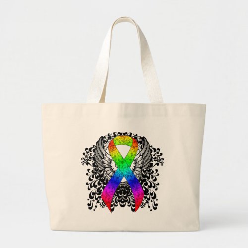 Rainbow Ribbon with Wings Large Tote Bag