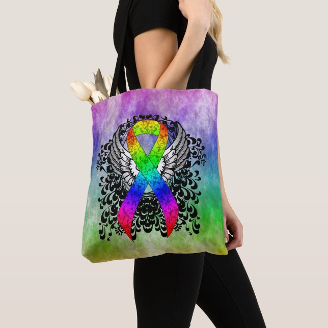 Rainbow Ribbon with Wings Tote Bag (Close Up)