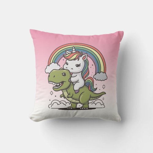 Rainbow Rider Enchanting Unicorn atop T_Rex  Throw Pillow