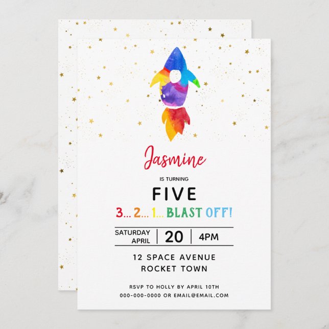 Rainbow Rocket Ship Outer Space Birthday Party Invitation (Front/Back)