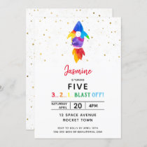 Rainbow Rocket Ship Outer Space Birthday Party Invitation
