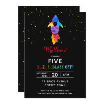 Rainbow Rocket Ship Outer Space Birthday Party Invitation