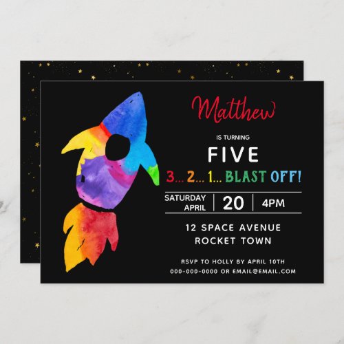 Rainbow Rocket Ship Outer Space Birthday Party Invitation