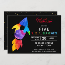 Rainbow Rocket Ship Outer Space Birthday Party Invitation