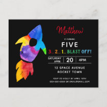 Rainbow Rocket Ship Outer Space Birthday Party Invitation Postcard