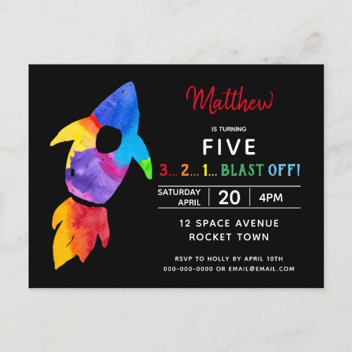 Rainbow Rocket Ship Outer Space Birthday Party Invitation Postcard