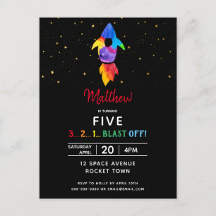 Rainbow Rocket Ship Outer Space Birthday Party Invitation Postcard