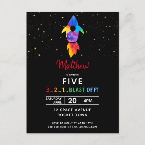 Rainbow Rocket Ship Outer Space Birthday Party Invitation Postcard