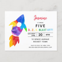 Rainbow Rocket Ship Outer Space Birthday Party Invitation Postcard