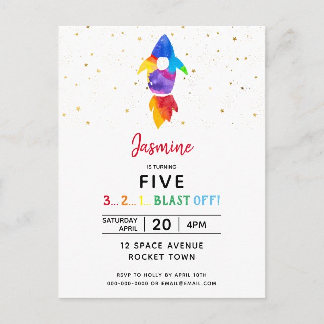 Rainbow Rocket Ship Outer Space Birthday Party Invitation Postcard (Front)
