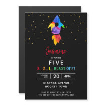 Rainbow Rocket Ship Outer Space Birthday Party Magnetic Invitation