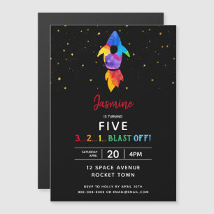 Rainbow Rocket Ship Outer Space Birthday Party Magnetic Invitation