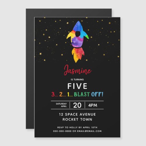 Rainbow Rocket Ship Outer Space Birthday Party Magnetic Invitation