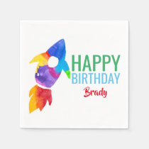 Rainbow Rocket Ship Outer Space Birthday Party Napkins