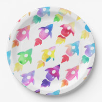 Rainbow Rocket Ship Outer Space Birthday Party Paper Plate